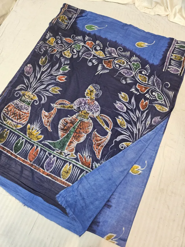 Cerulean Blue and Midnight Blue Pure Cotton Bafta Hand Batik Print Classical Dancer Pallu Saree