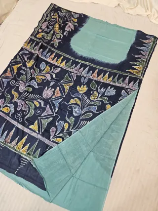 Sky Blue and Midnight Blue Pure Cotton Bafta Hand Batik Print Floral Jaal Pallu Saree