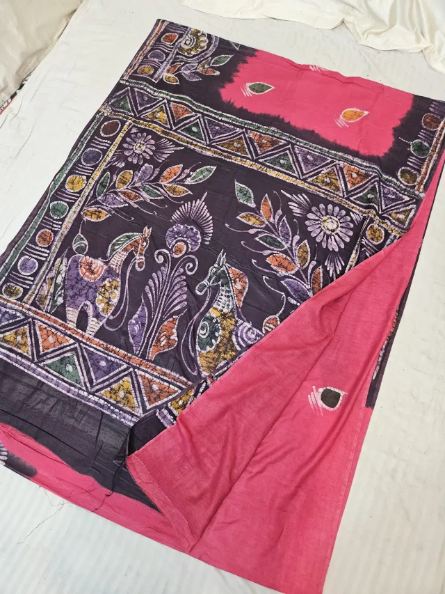 Rani Pink and Charcoal Black Pure Cotton Bafta Hand Batik Print Bankura Horse Pallu Saree