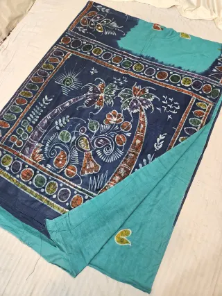 Aqua Green and Midnight Blue Pure Cotton Bafta Hand Batik Print Coconut Grove and Peacock Pallu Saree