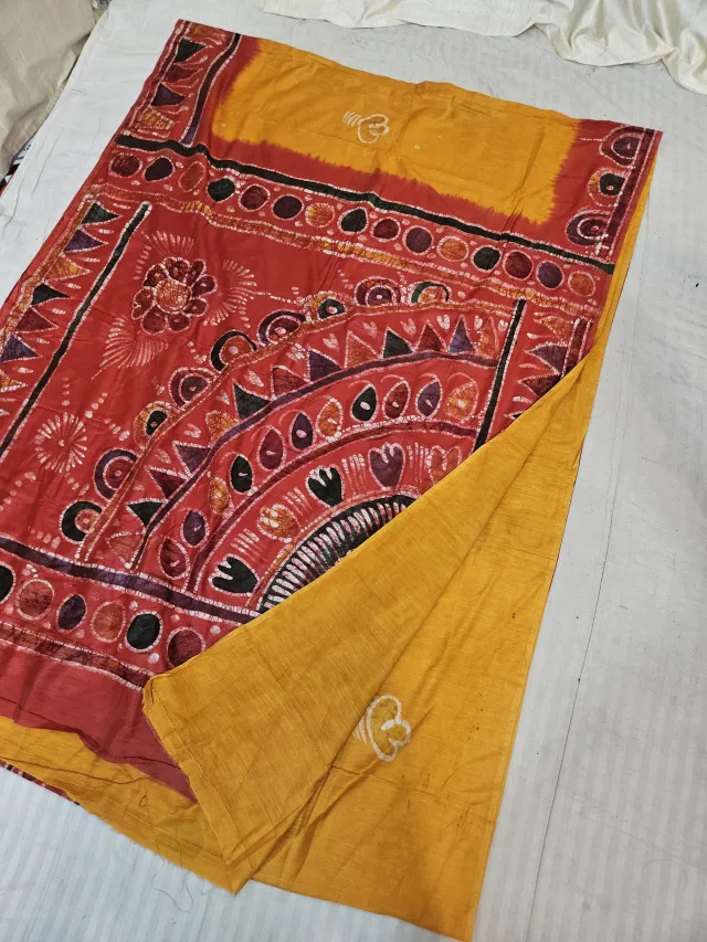Mustard Yellow and Crimson Red Pure Cotton Bafta Hand Batik Print Sunburst Mandala Pallu Saree
