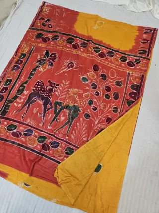 Mustard Yellow and Crimson Red Pure Cotton Bafta Hand Batik Print Camel Caravan Folk Art Pallu Saree