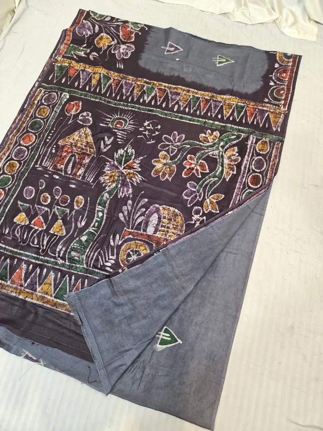 Slate Grey and Charcoal Black Pure Cotton Bafta Hand Batik Print Rural Village and Bullock Cart Pallu Saree