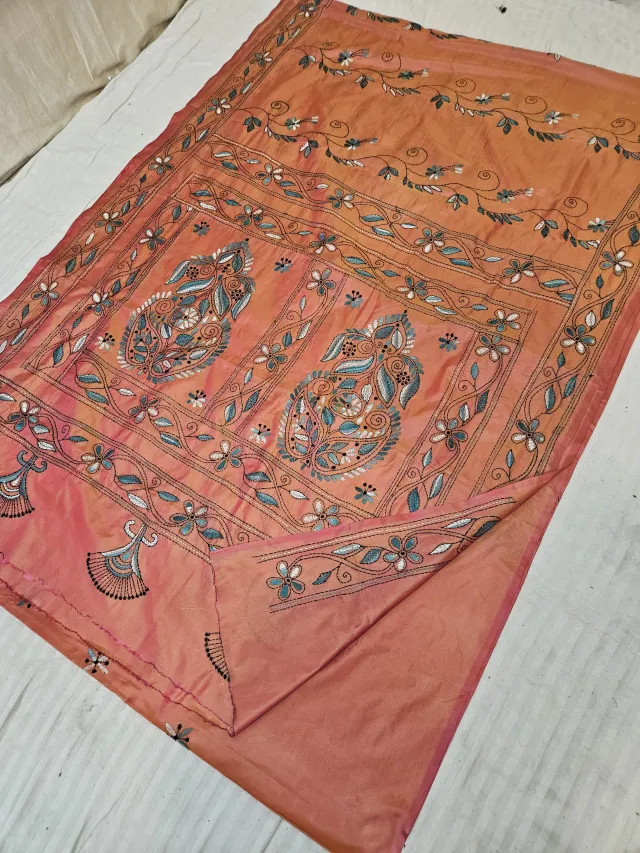 Warm Peach Blended Bangalore Silk Saree with Chalu Kantha Stitch Twin Kalka & Floral Vine Jaal Pallu