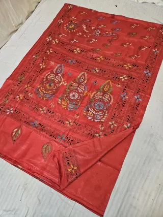 Crimson Red Blended Bangalore Silk Saree with Chalu Kantha Stitch Triple Crowned Kalka & Floral Vine Pallu