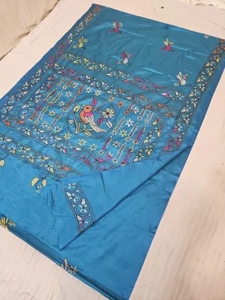 Peacock Blue Blended Bangalore Silk Saree with Chalu Kantha Stitch Bird Medallion & Floral Vine Pallu