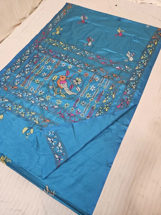 Peacock Blue Blended Bangalore Silk Saree with Chalu Kantha Stitch Bird Medallion & Floral Vine Pallu