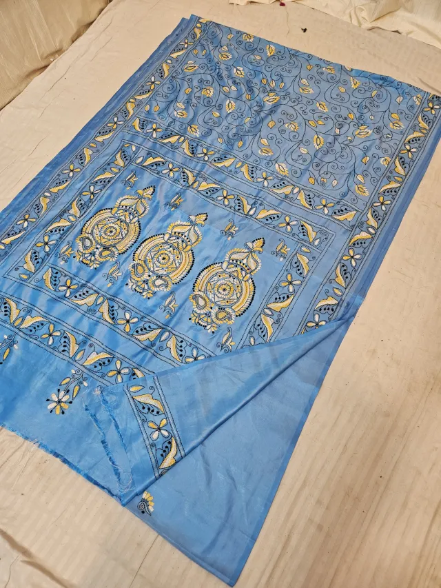 Sky Blue Blended Bangalore Silk Saree with Chalu Kantha Stitch Triple Mandala & Floral Vine Jaal Pallu