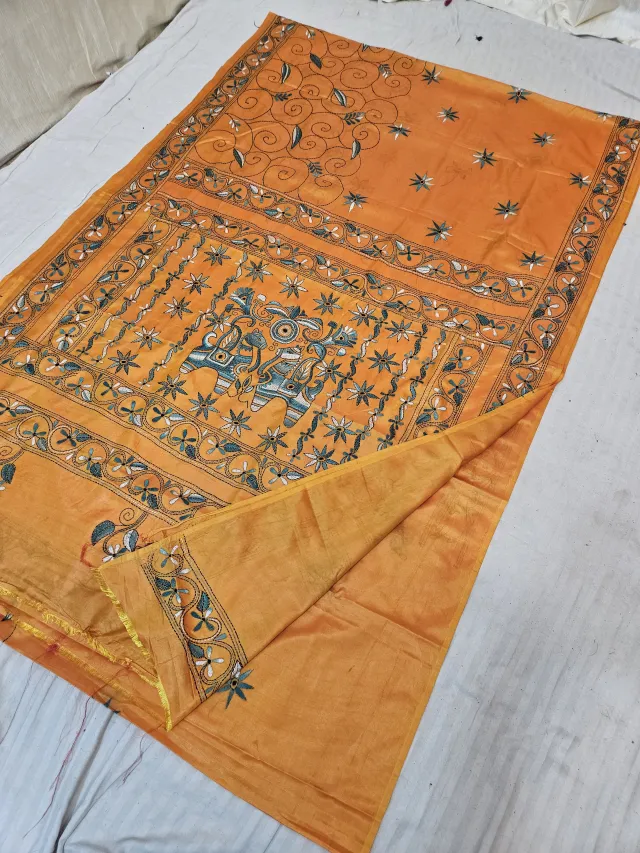 Mustard Orange Blended Bangalore Silk Saree with Chalu Kantha Stitch Royal Elephant & Star Buti Pallu