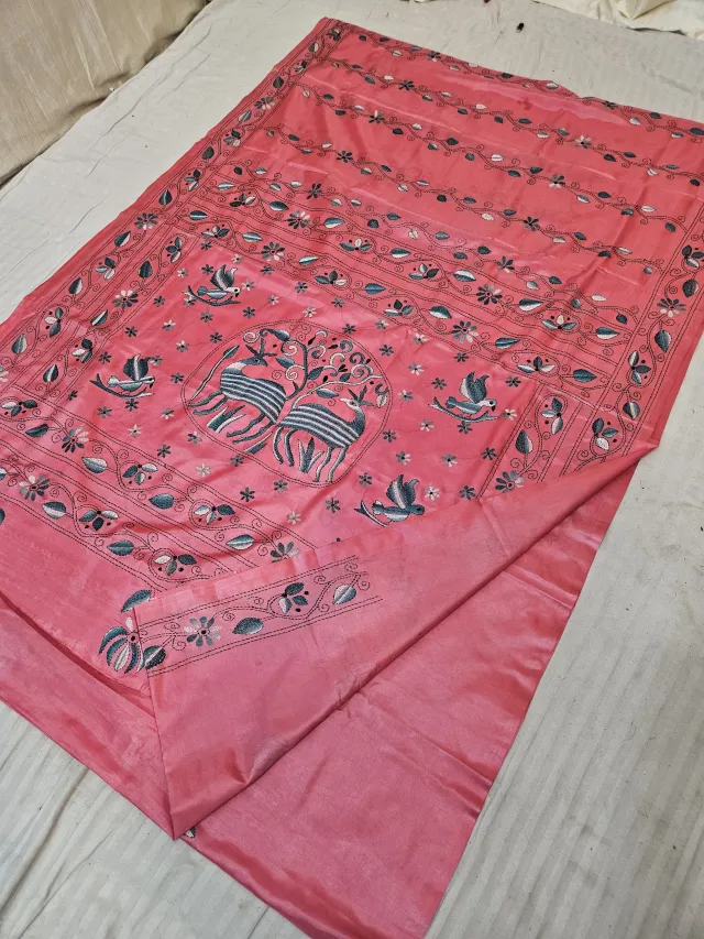 Warm Pink Blended Bangalore Silk Saree with Chalu Kantha Stitch Tree of Life Deer & Bird Pallu