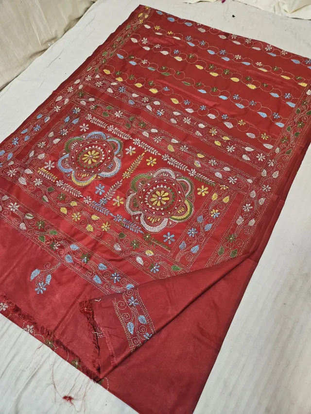 Maroon Red Blended Bangalore Silk Saree with Chalu Kantha Stitch Scalloped Mandala & Floral Vine Pallu