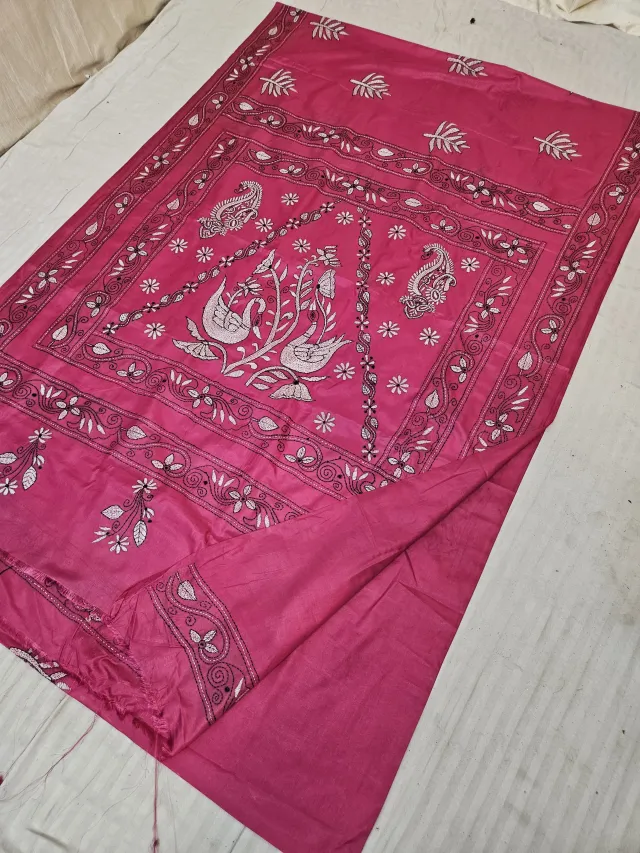 Magenta Pink Blended Bangalore Silk Saree with White Thread Chalu Kantha Stitch Tree of Life Swan & Paisley Pallu