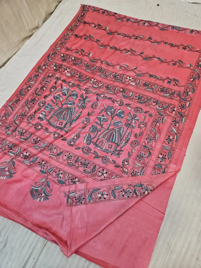 Peach Pink Blended Bangalore Silk Saree with Chalu Kantha Stitch Village Hut & Floral Vine Pallu