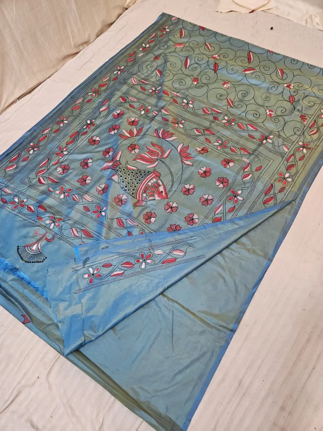 Ash Blue Blended Bangalore Silk Saree with Chalu Kantha Stitch Fish & Lotus Medallion Pallu