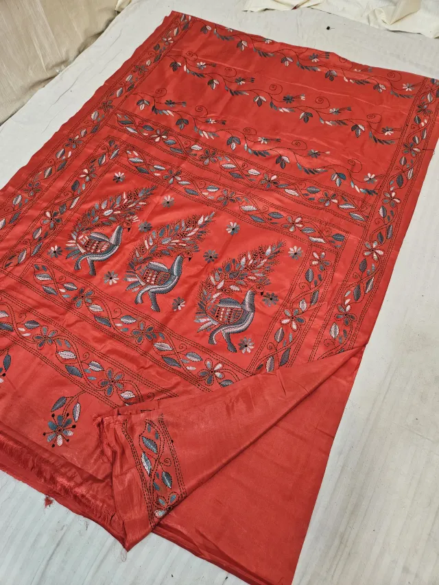 Crimson Red Blended Bangalore Silk Saree with Chalu Kantha Stitch Triple Peacock & Floral Vine Pallu