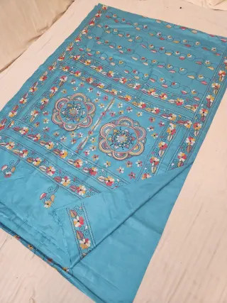 Sky Blue Blended Bangalore Silk Saree with Chalu Kantha Stitch Scalloped Mandala & Floral Vine Pallu