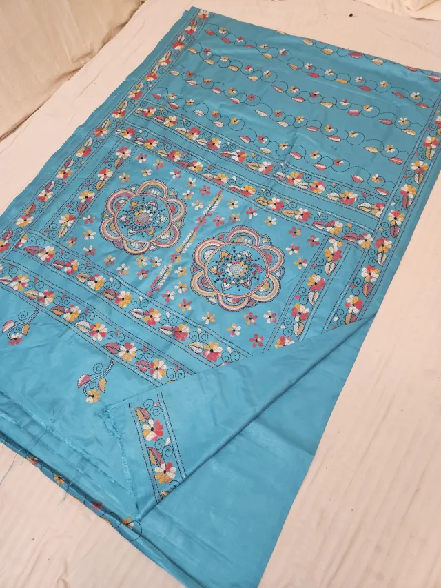 Sky Blue Blended Bangalore Silk Saree with Chalu Kantha Stitch Scalloped Mandala & Floral Vine Pallu
