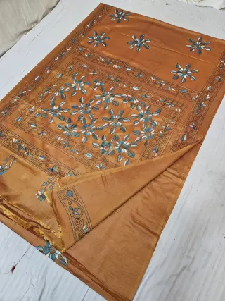 Mustard Orange Blended Bangalore Silk Saree with Chalu Kantha Stitch Floral Jaal Lattice & Star Buti Pallu