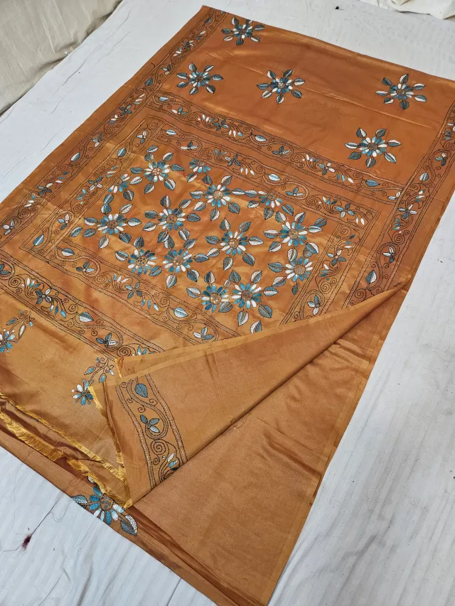 Mustard Orange Blended Bangalore Silk Saree with Chalu Kantha Stitch Floral Jaal Lattice & Star Buti Pallu