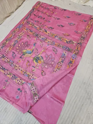 Baby Pink Blended Bangalore Silk Saree with Chalu Kantha Stitch Courting Peacock Pair & Geometric Floral Pallu