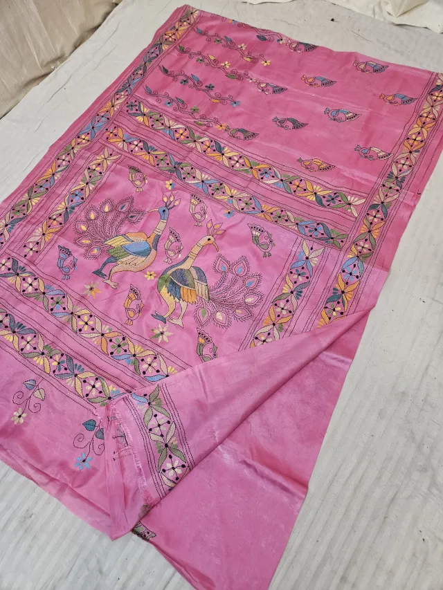 Baby Pink Blended Bangalore Silk Saree with Chalu Kantha Stitch Courting Peacock Pair & Geometric Floral Pallu