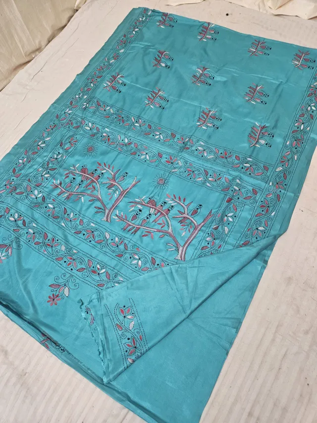 Light Sea Green Blended Bangalore Silk Saree with Chalu Kantha Stitch Birds on Blossoming Trees Pallu