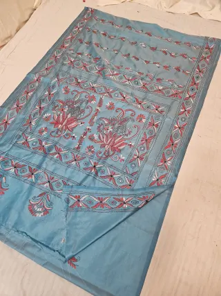 Ash Blue Blended Bangalore Silk Saree with Chalu Kantha Stitch Lotus Kalka & Geometric Floral Pallu