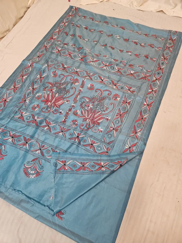 Ash Blue Blended Bangalore Silk Saree with Chalu Kantha Stitch Lotus Kalka & Geometric Floral Pallu