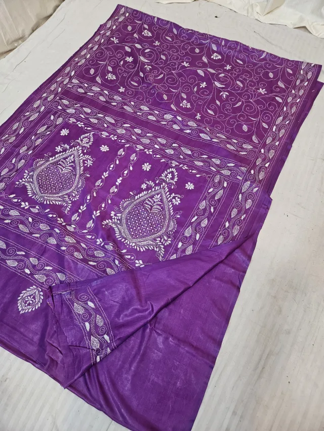 Royal Purple Blended Bangalore Silk Saree with White Thread Chalu Kantha Stitch Twin Kalka & Floral Jaal Pallu