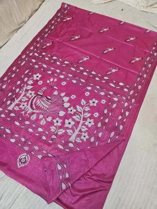 Magenta Pink Blended Bangalore Silk Saree with White Thread Chalu Kantha Stitch Royal Peacock & Floral Pallu