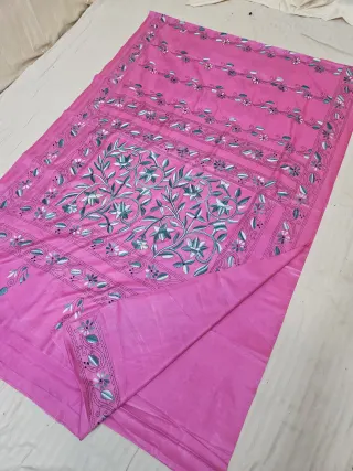Rani Pink Blended Bangalore Silk Saree with Chalu Kantha Stitch Blossoming Tree of Life & Floral Vine Pallu