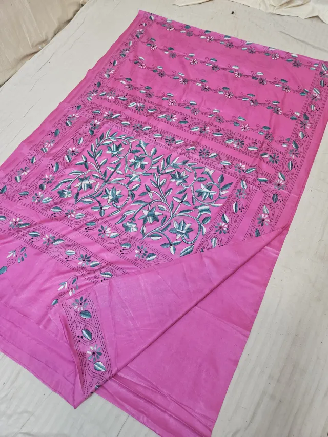 Rani Pink Blended Bangalore Silk Saree with Chalu Kantha Stitch Blossoming Tree of Life & Floral Vine Pallu