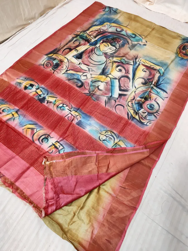 Natural Beige Gachi by Gachi Tussar Silk Saree with Hand Painted Abstract Buddha Artwork & Crimson Red Border