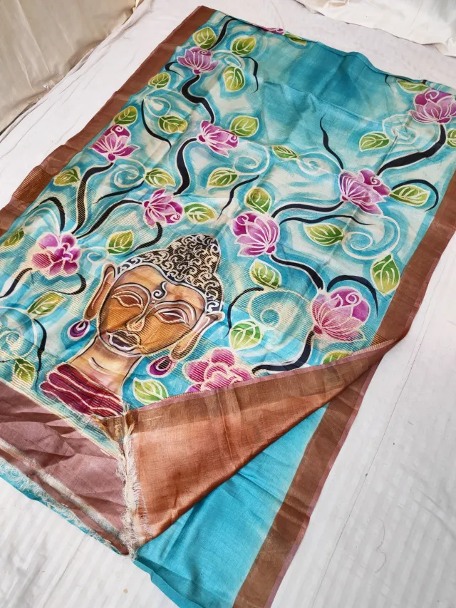 Aqua Blue Gachi by Gachi Tussar Silk Saree with Hand Painted Meditative Buddha & Lotus Pond Artwork