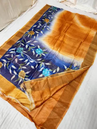 Dual Tone Blue & Orange Gachi by Gachi Tussar Silk Saree with Hand Painted Botanical Floral Pallu