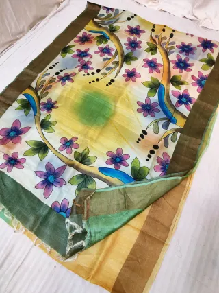 Warm Yellow Gachi by Gachi Tussar Silk Saree with Hand Painted Blooming Floral Tree Medallion Pallu