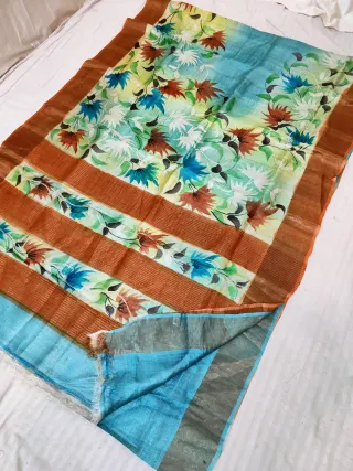 Aqua Sea Green Gachi by Gachi Tussar Silk Saree with Hand Painted Botanical Floral Jaal & Copper Brown Border
