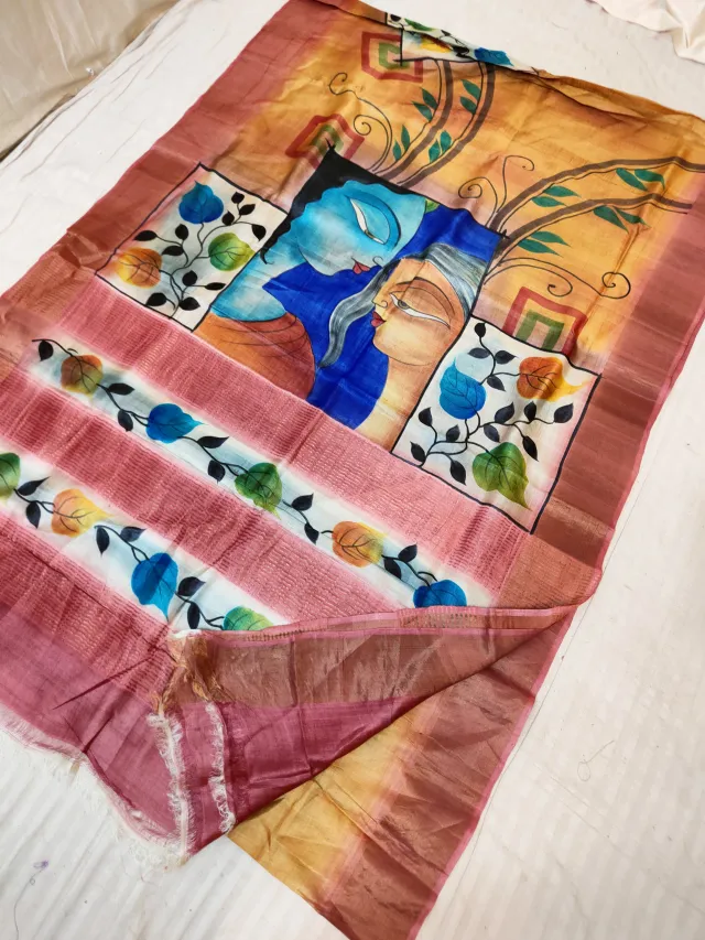 Natural Ochre Gachi by Gachi Tussar Silk Saree with Hand Painted Radha Krishna Portrait & Crimson Red Border