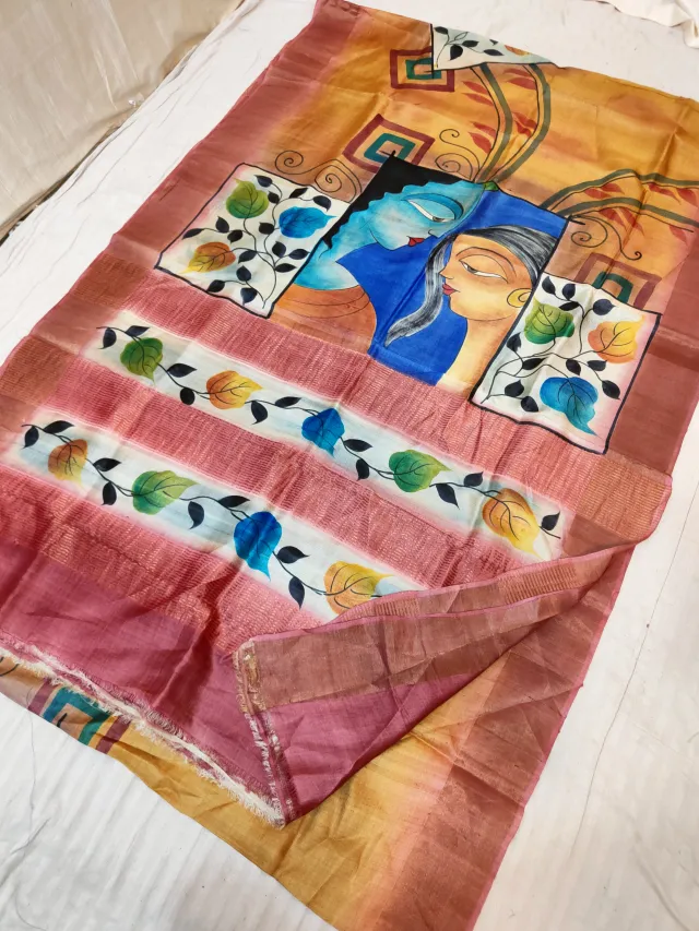 Natural Ochre Gachi by Gachi Tussar Silk Saree with Hand Painted Radha Krishna Portrait & Crimson Red Border
