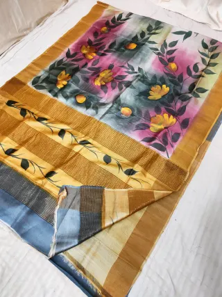 Mustard Yellow Gachi by Gachi Tussar Silk Saree with Hand Painted Rose Pink Watercolor Floral Branch Pallu