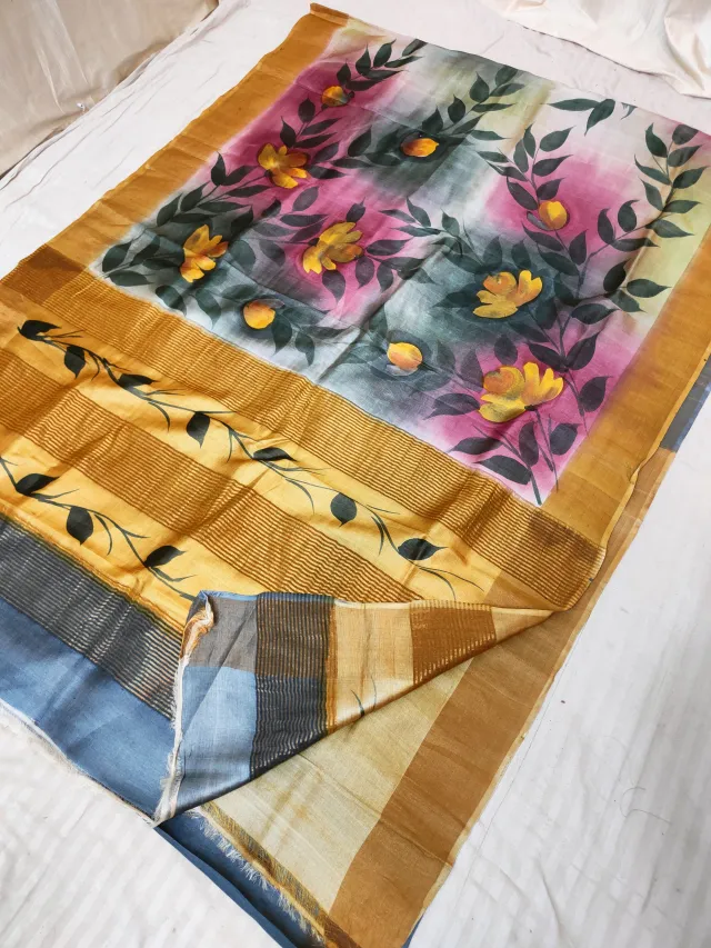Mustard Yellow Gachi by Gachi Tussar Silk Saree with Hand Painted Rose Pink Watercolor Floral Branch Pallu