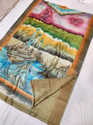 Multicolour Landscape Gachi by Gachi Tussar Silk Saree with Hand Painted River Boat & Ghat Artwork