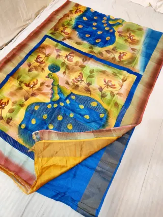 Yellow & Royal Blue Gachi by Gachi Tussar Silk Saree with Hand Painted Royal Peacock Panel Artwork