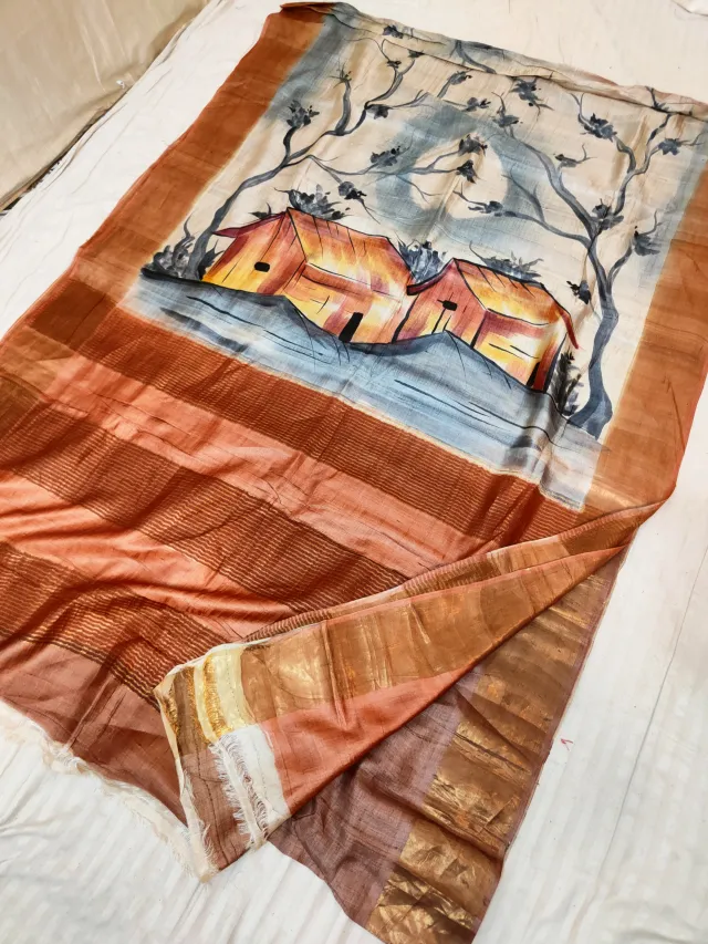 Natural Beige Gachi by Gachi Tussar Silk Saree with Hand Painted Rural Village Landscape & Copper Rust Border