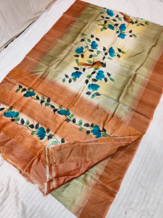 Cream Gachi by Gachi Tussar Silk Saree with Hand Painted Songbird on Floral Branch & Copper Rust Border