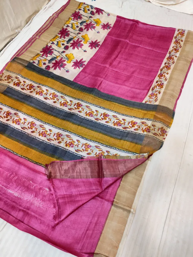 Rani Pink Gachi by Gachi Tussar Silk Saree with Hand Painted Botanical Floral Panel & Striped Pallu