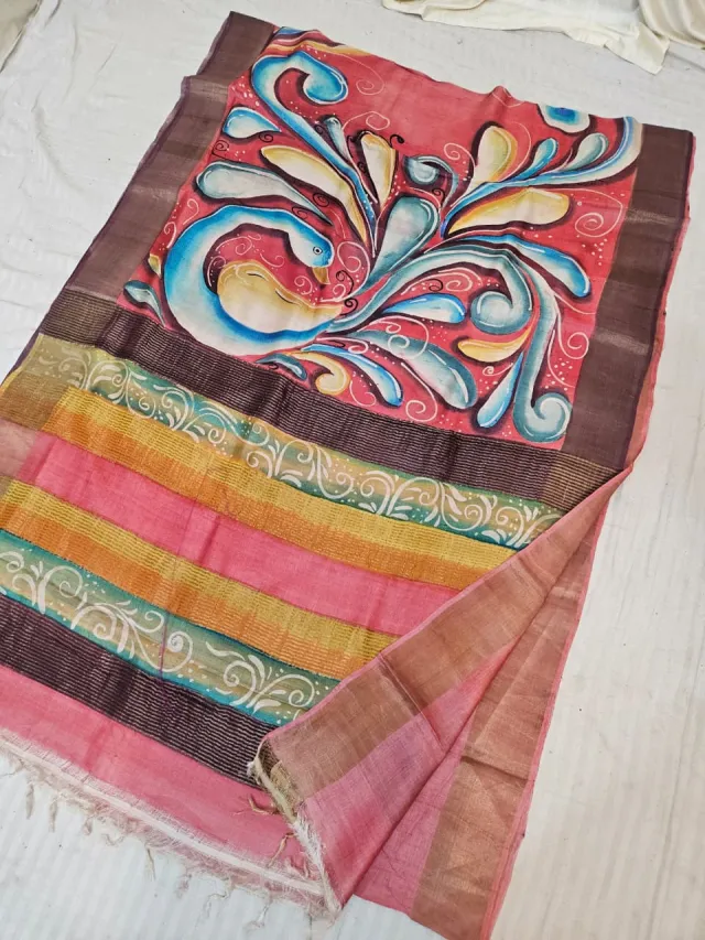 Rose Pink Gachi by Gachi Tussar Silk Saree with Hand Painted Swirling Abstract Peacock Pallu & Striped Accents