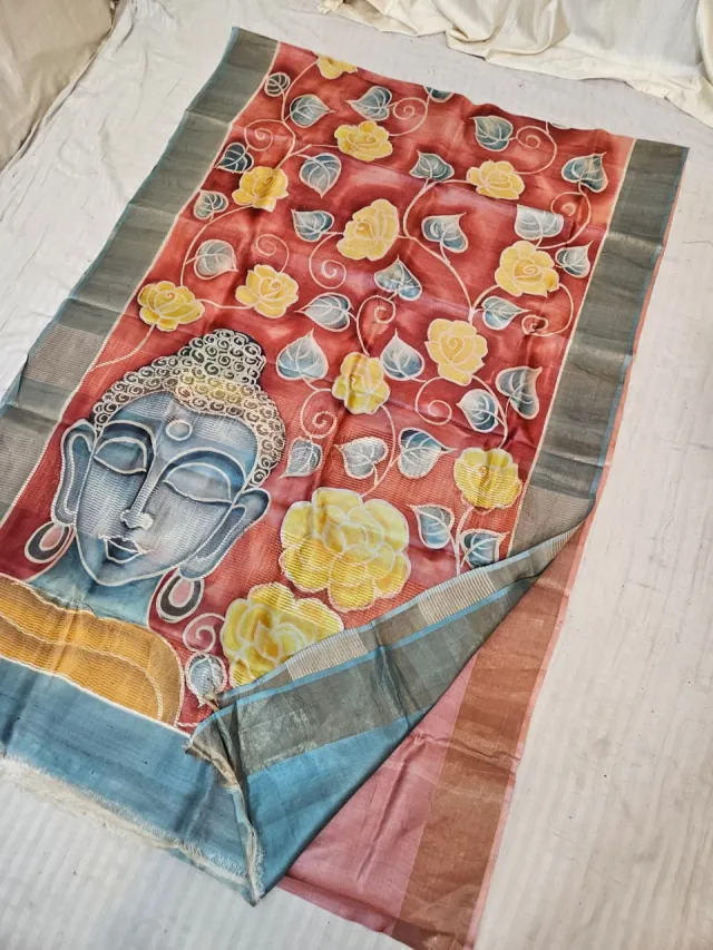 Rich Terracotta Gachi by Gachi Tussar Silk Saree with Hand Painted Meditative Buddha & Golden Blossom Pallu