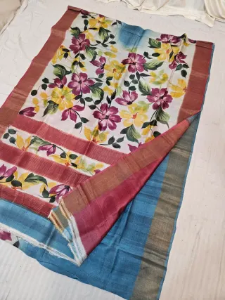 Cream Gachi by Gachi Tussar Silk Saree with Hand Painted Purple & Yellow Botanical Floral Jaal Pallu