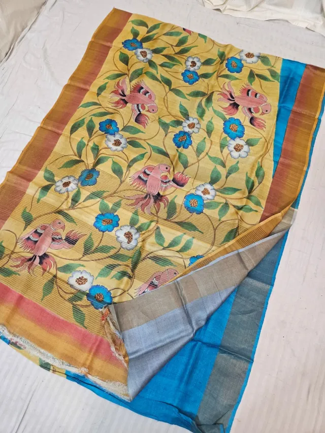 Warm Yellow Gachi by Gachi Tussar Silk Saree with Hand Painted Exotic Birds & Blue Floral Jaal Pallu